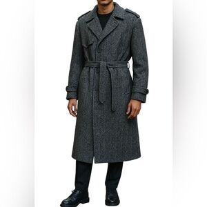 Vintage Wool Herringbone Donegal Tweed Belted Men's  Top Coat 44 Dark Academia